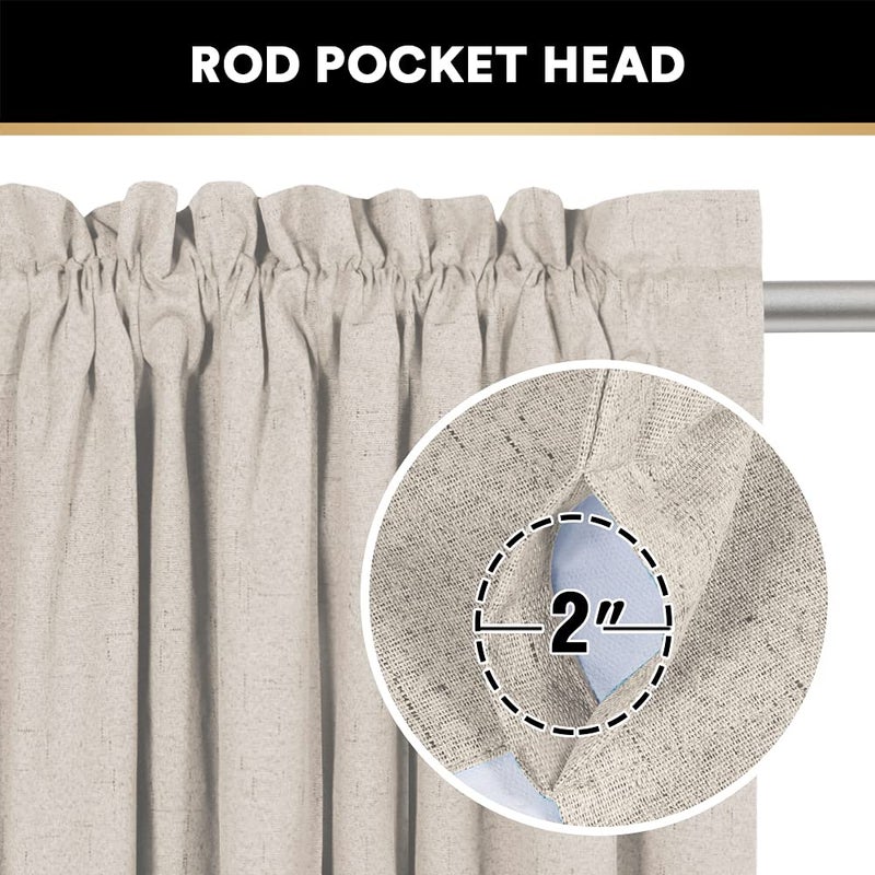 PrinceDeco 100% Blackout Linen Curtains 84 inch Long Rod Pocket Blackout Linen Curtains Panels with White Liner Energy Saving Curtains for Bedroom, Set of 2(52 x 84 inch, Natural) - Image 3